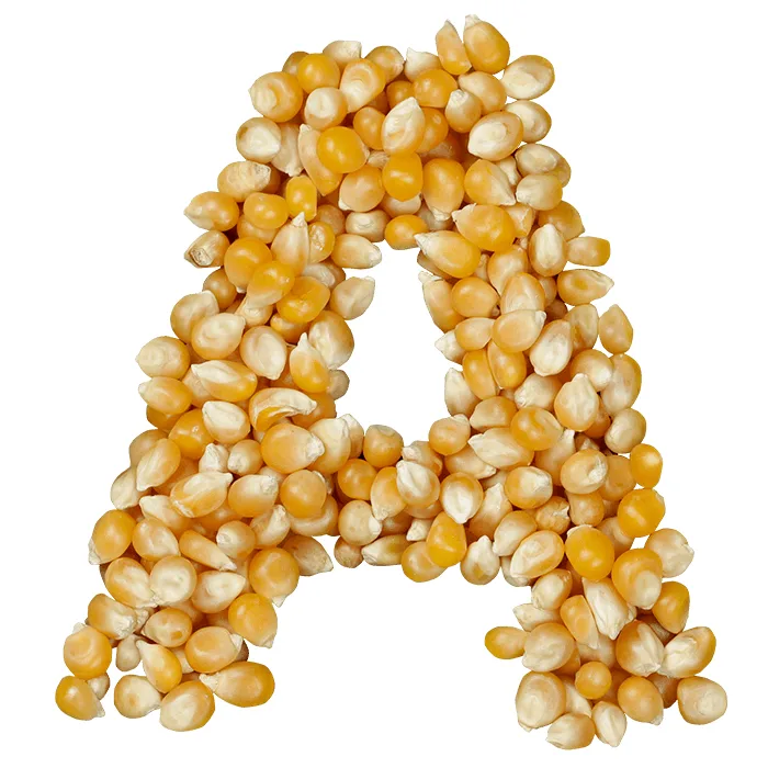 The image displays the letter 'A' formed entirely from yellow and white popcorn kernels against a transparent background…