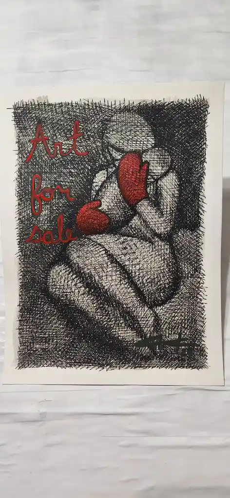 A piece of string art depicts a stylized human figure with two red hearts, rendered in black string on a white background…