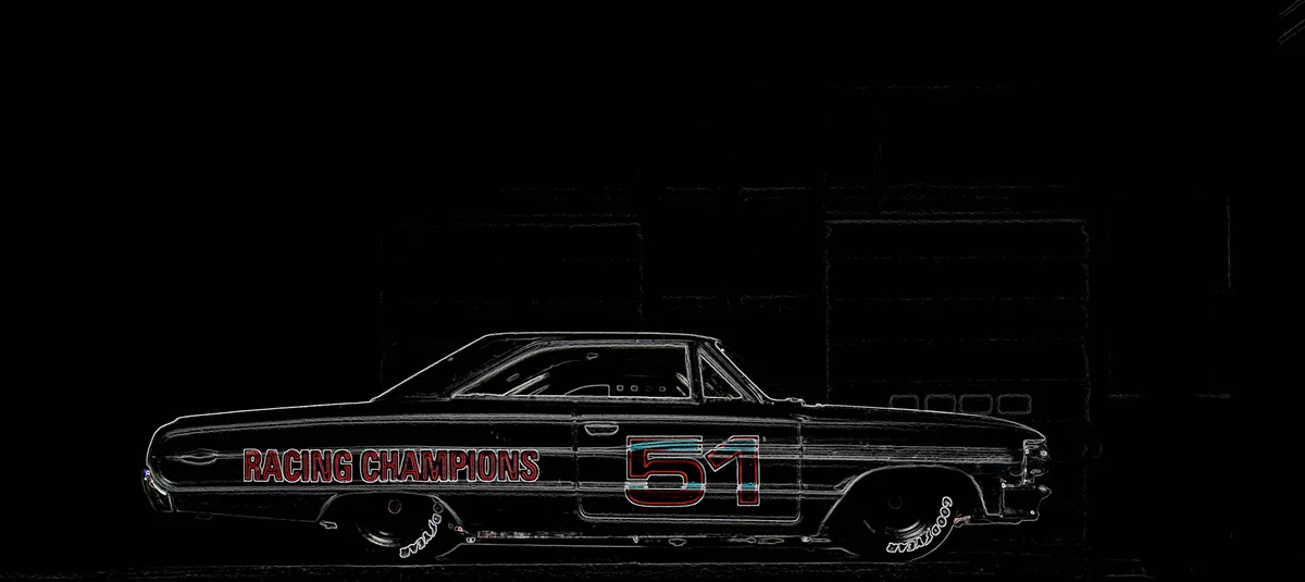 A stylized, high-contrast line-art image of a classic American muscle car, likely a Chevrolet, shown in profile against a…