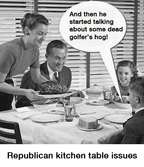 A black-and-white photo of a 1950s family dining scene, where a woman serves a large roast to a man seated at the table…