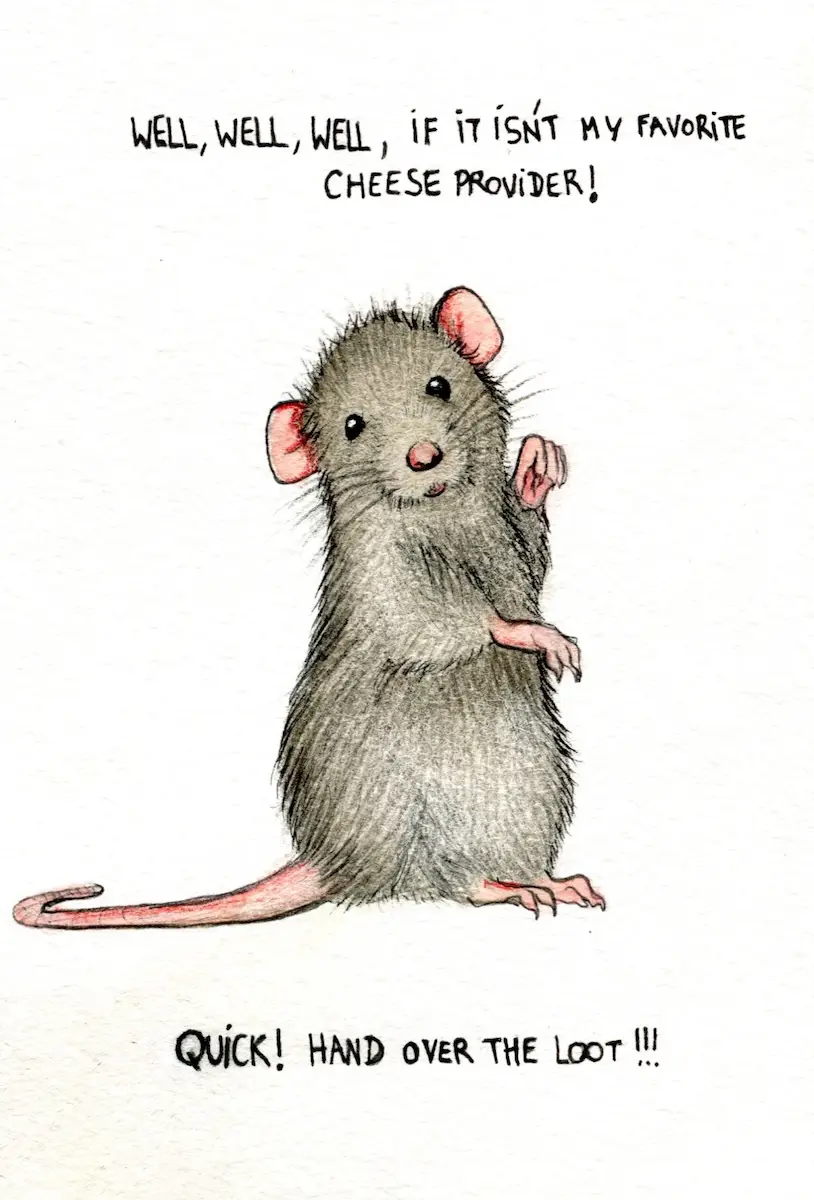 A cartoon drawing of a gray rat standing upright on its hind legs, looking pleased with itself while holding up one paw. The…
