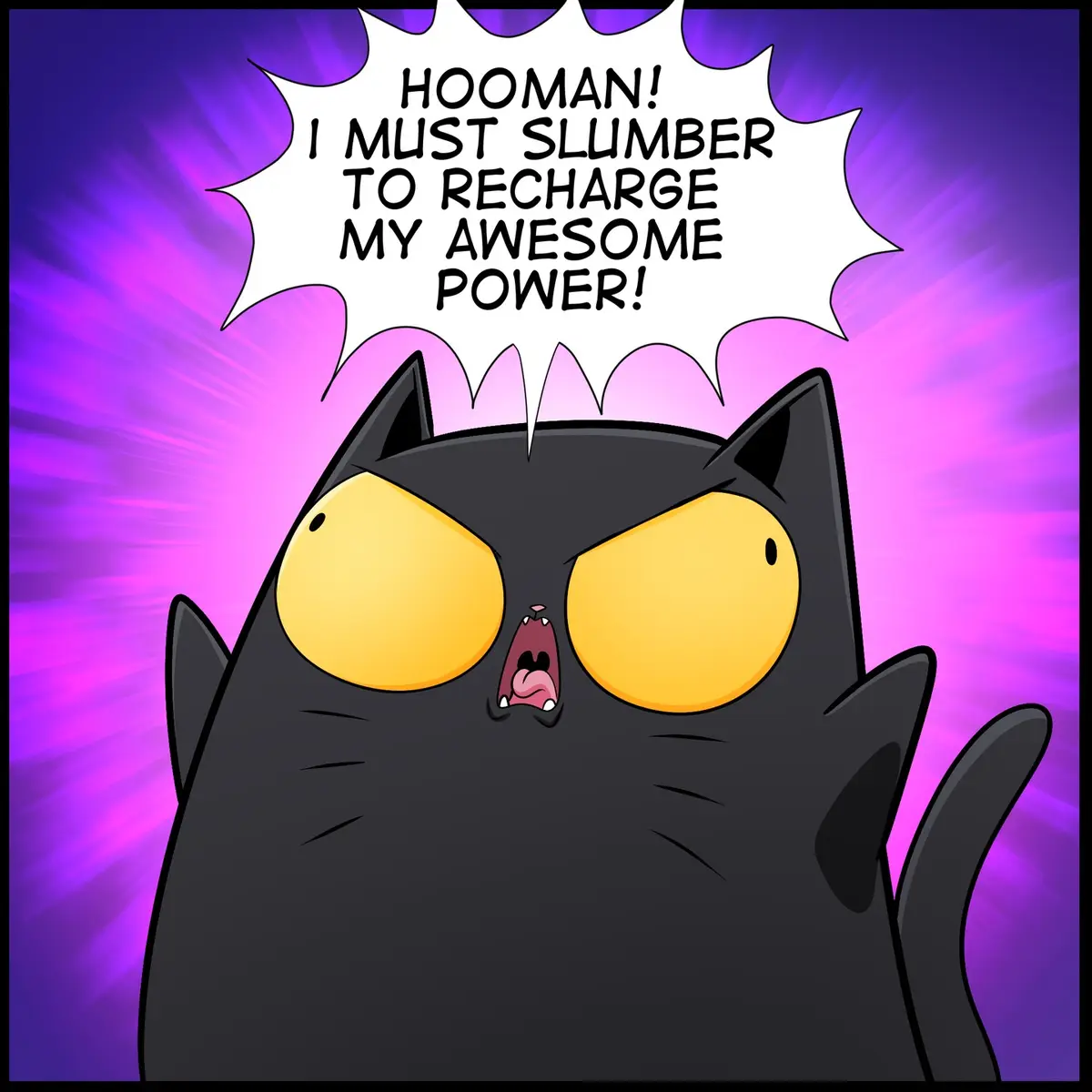 A cartoon black cat with large yellow eyes and an open mouth is shown against a vibrant purple and pink radial background. A…