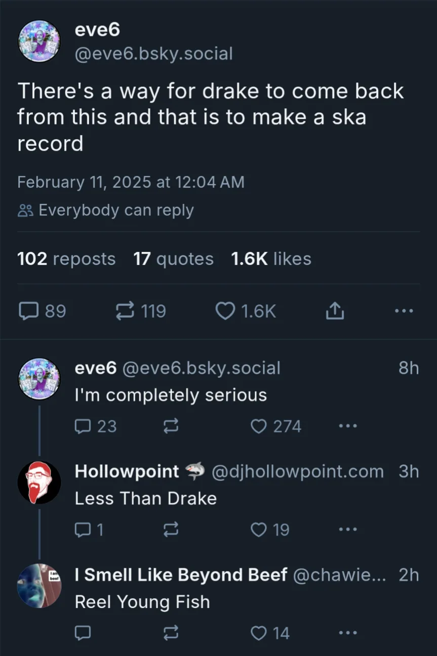 A screenshot of a Bluesky social media thread shows user 'eve6' suggesting that Drake can recover from a setback by making a…