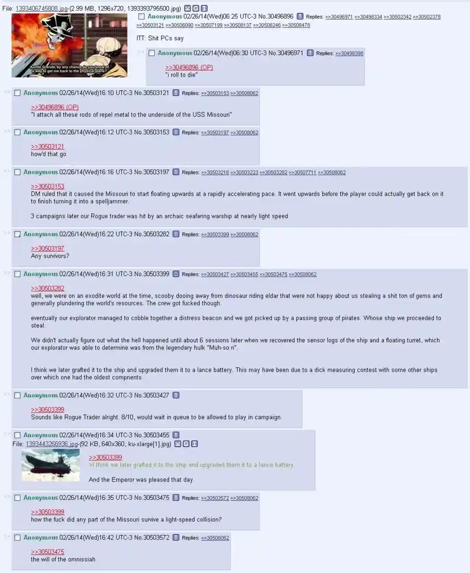 A screenshot of a 4chan thread where a player's character 'rolls to die' in a D&D campaign, leading to increasingly absurd…