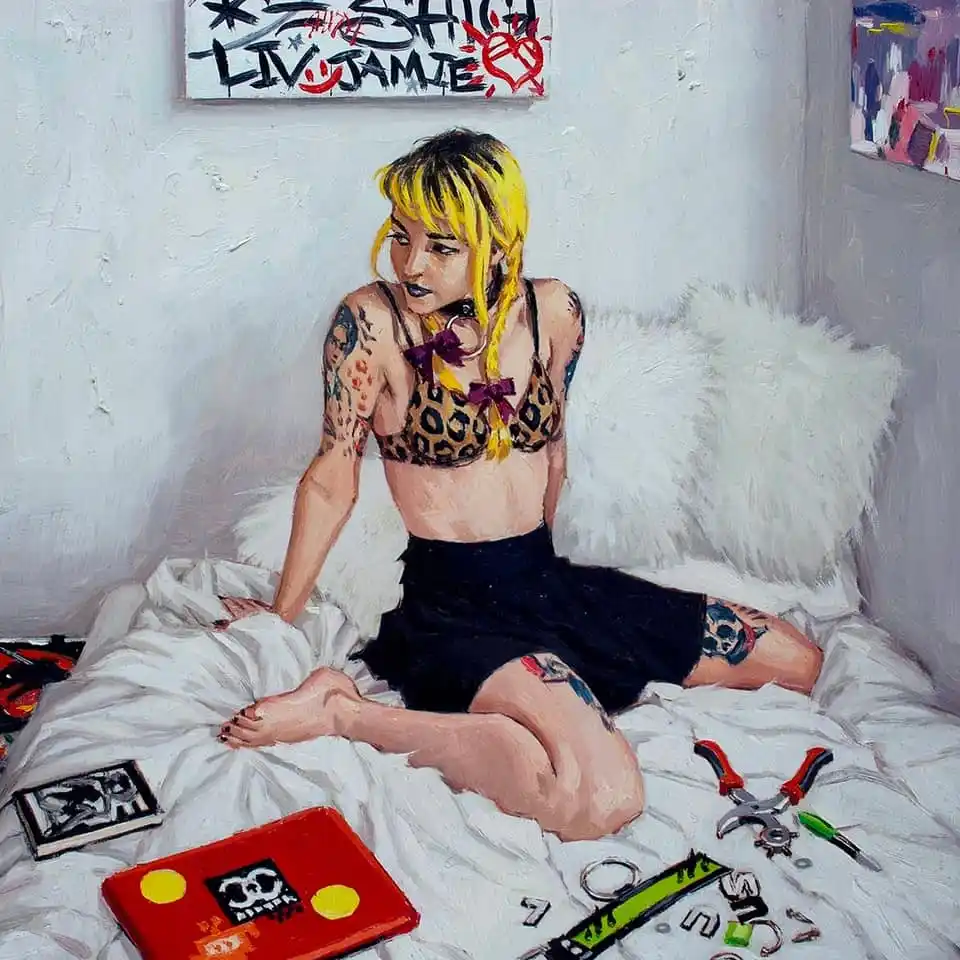 A painting of a young woman with bright yellow hair and tattoos sitting on a bed surrounded by tools, jewelry, and a red…