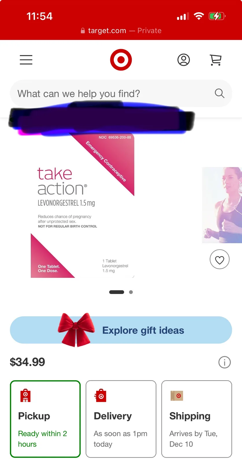 A screenshot of a Target.com product page for 'take action' emergency contraceptive (levonorgestrel 1.5mg), showing the…