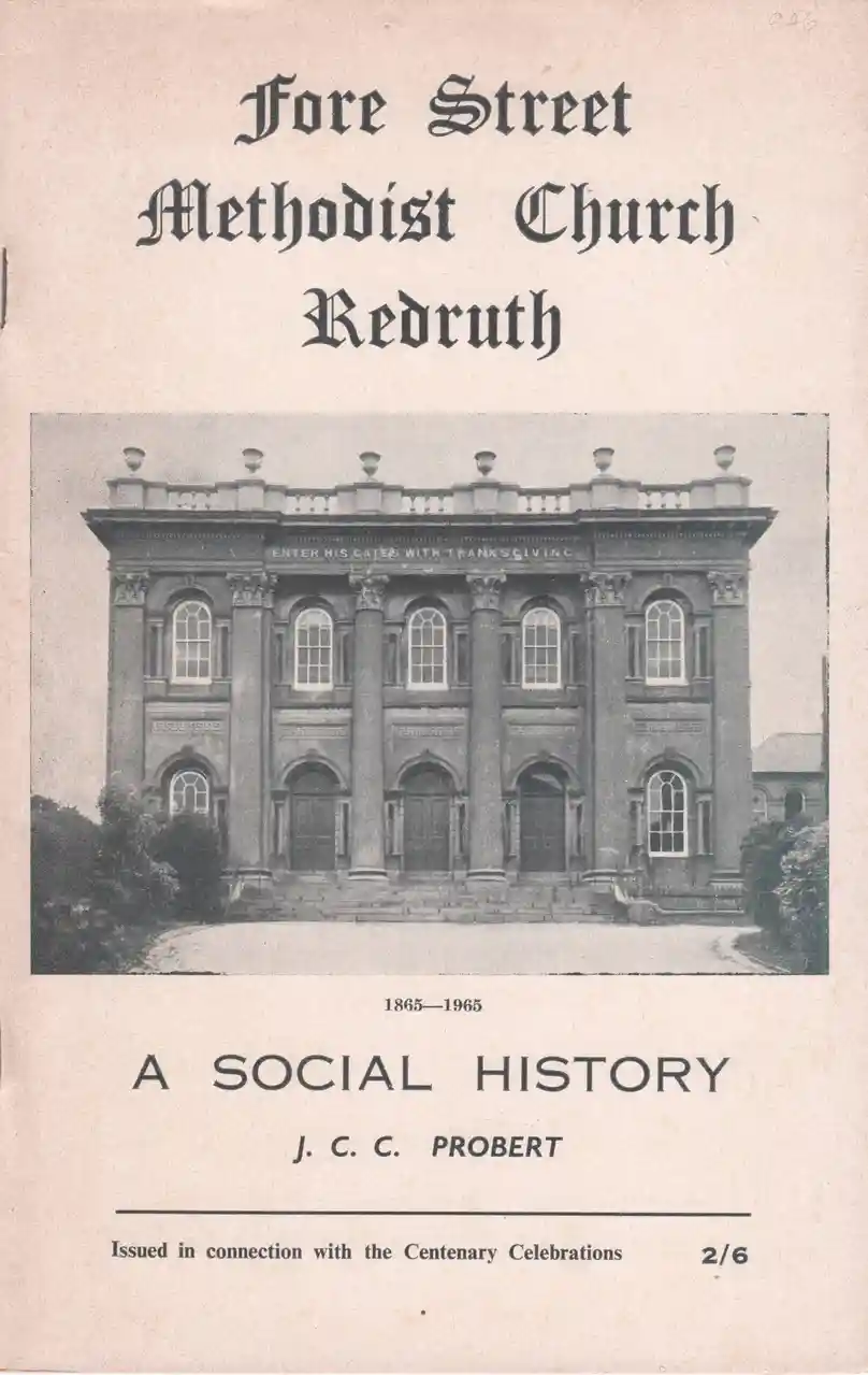 The image shows the cover of a 1965 publication titled 'Fore Street Methodist Church Redruth: A Social History' by J.C.C…