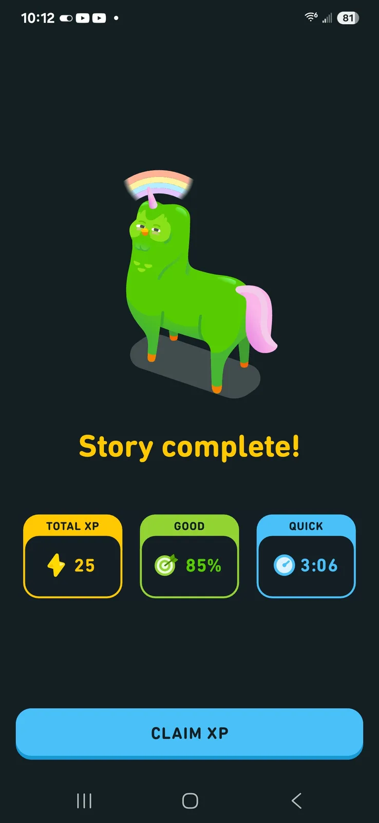 A green cartoon unicorn with a rainbow halo and pink tail stands on a dark background. Below it, text reads 'Story…