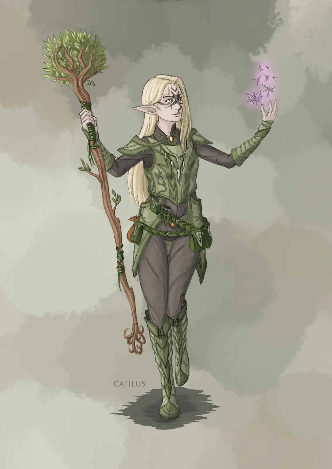 An elf-like character with long blonde hair and pointed ears stands against a cloudy background, holding a staff topped with…