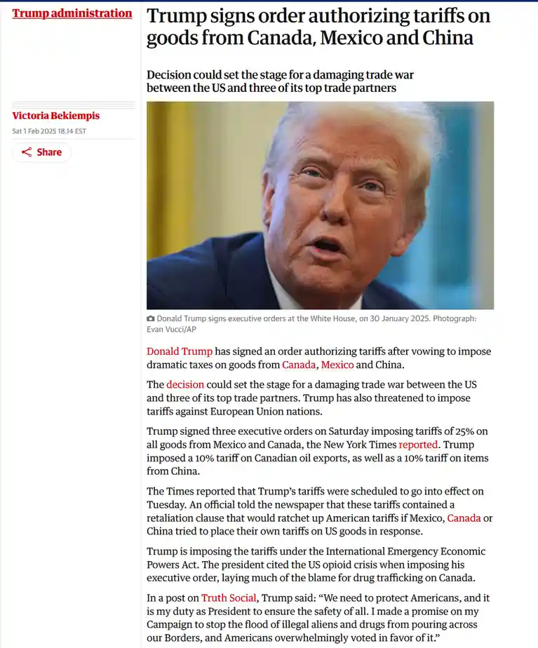 A screenshot of a news article from 'Trump administration' dated Feb 1, 2025, featuring a photo of Donald Trump with his…