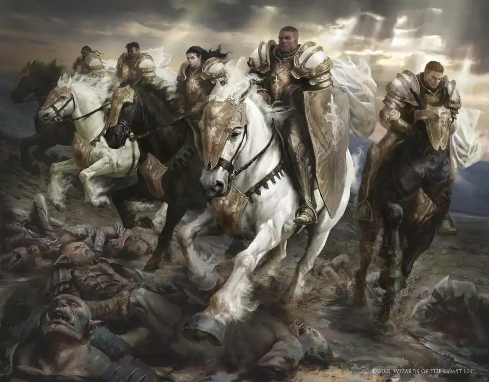 A dramatic fantasy painting depicts a group of armored knights on horseback charging forward through a battlefield littered…