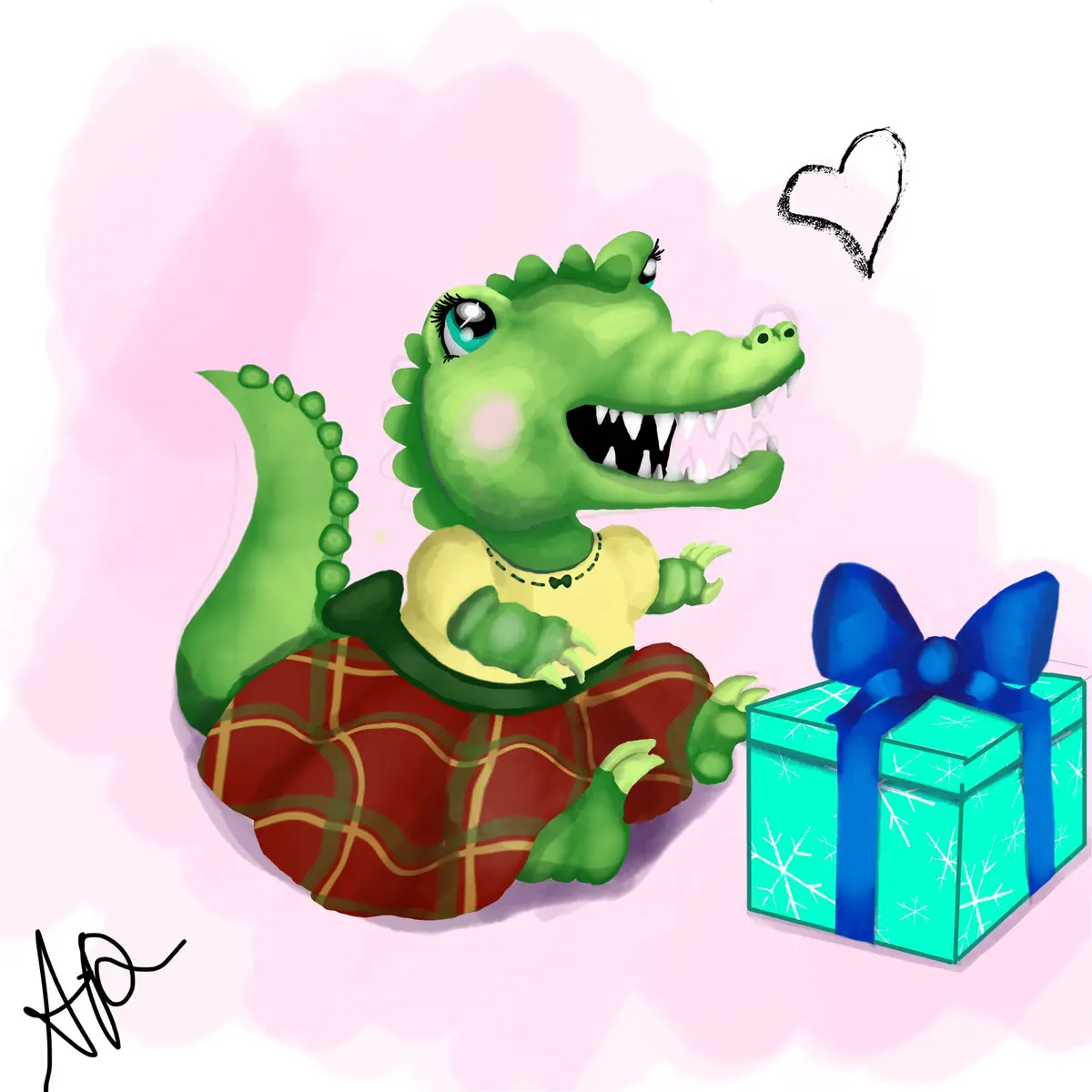 A cartoon green crocodile with large eyes and a wide grin, wearing a yellow top and red plaid skirt, sits beside a teal gift…