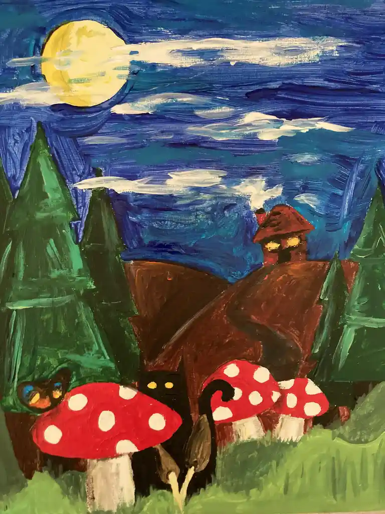 A childlike painting depicts a night scene with a large yellow moon, swirling blue sky, green pine trees, and red-and-white…