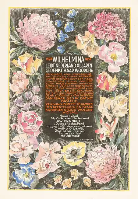 A vintage Dutch floral poster from 1938 commemorating Queen Wilhelmina's 40-year reign, featuring a dark background with a…