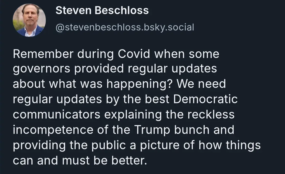A screenshot of a post by Steven Beschloss on a dark social media interface, featuring his profile picture and handle. The…