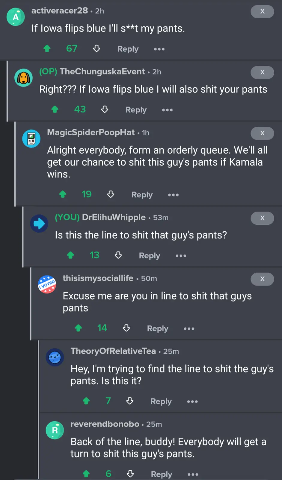 A screenshot of a Reddit comment thread where users jokingly claim they will 'shit' someone's pants if Iowa flips blue in an…