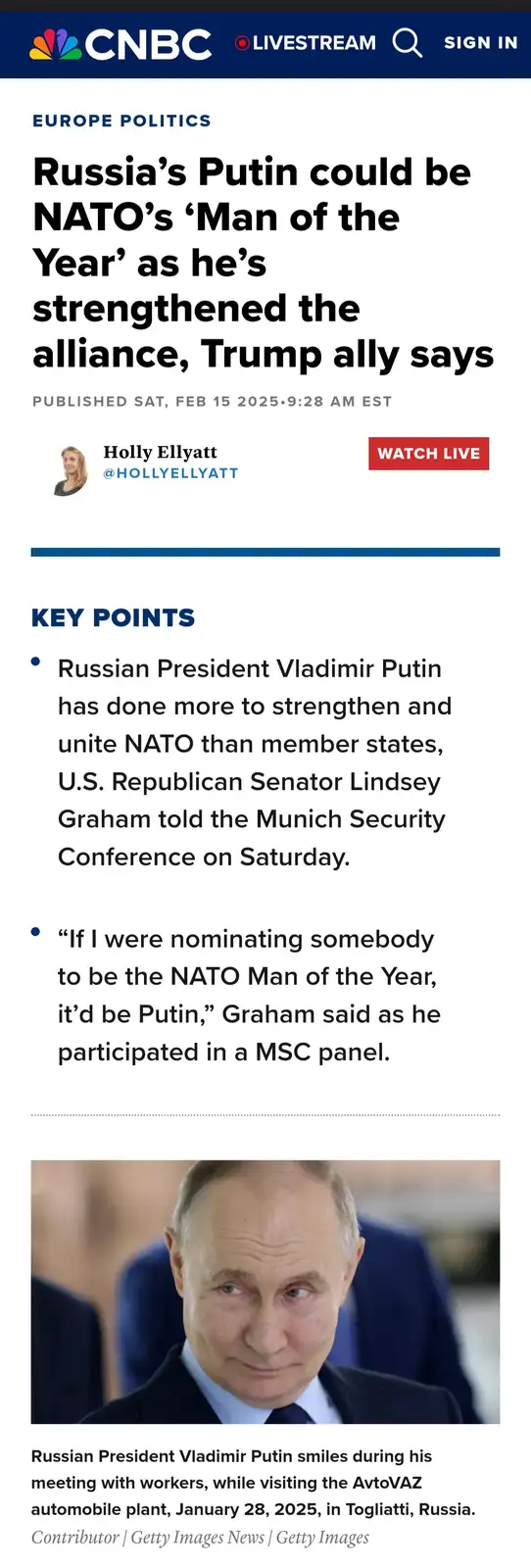 A screenshot of a CNBC news article about Vladimir Putin being considered NATO's 'Man of the Year' by a Trump ally. The…