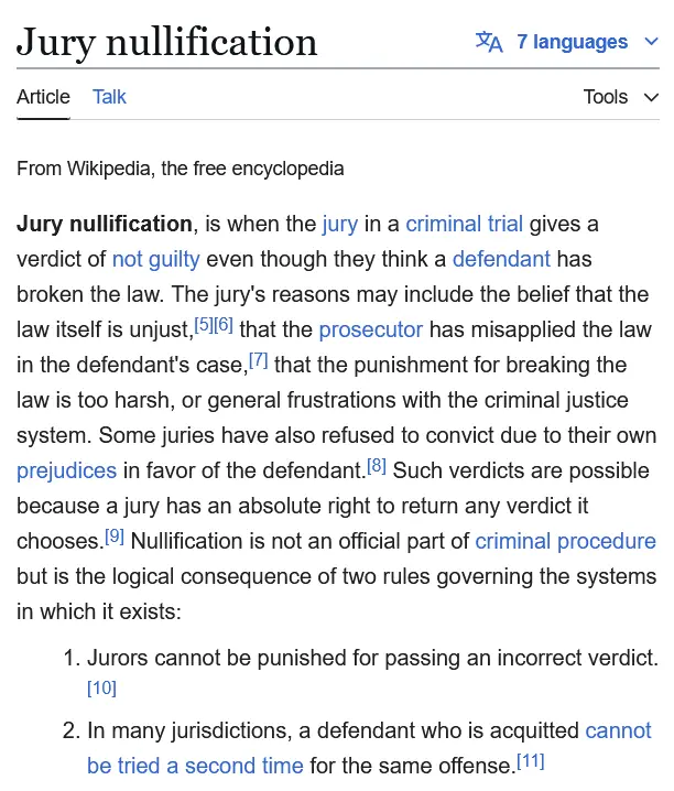 A screenshot of the Wikipedia article for 'Jury nullification' shows the definition and legal context. The text explains…