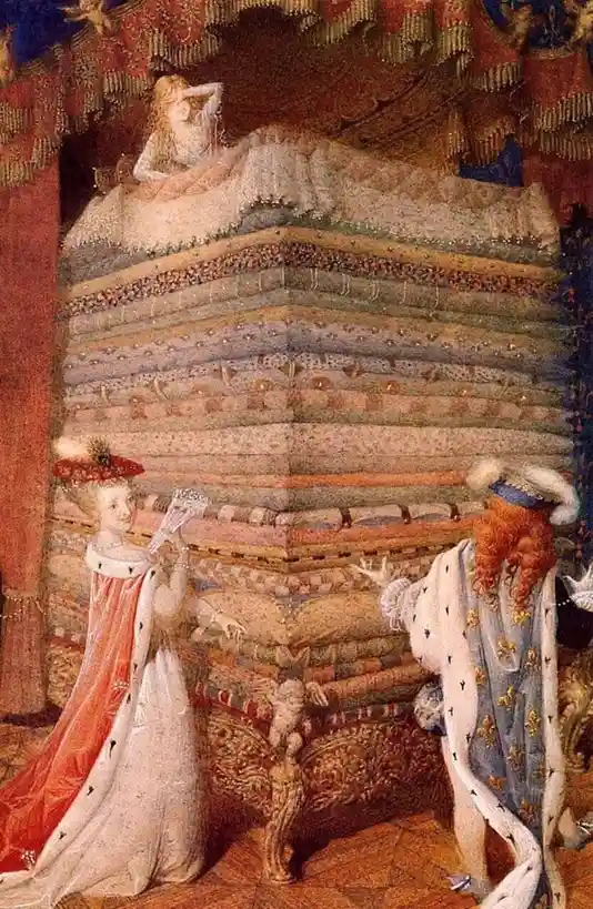 A classical painting depicts a woman reclining atop an enormous, multi-layered bed while two attendants stand below. The…