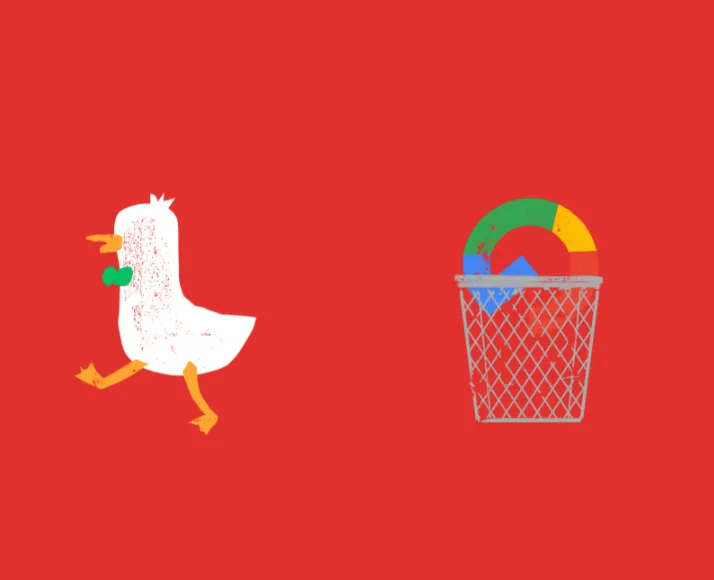 A cartoon chicken with a green bowtie runs frantically toward a trash can filled with colorful Google logo fragments. The…