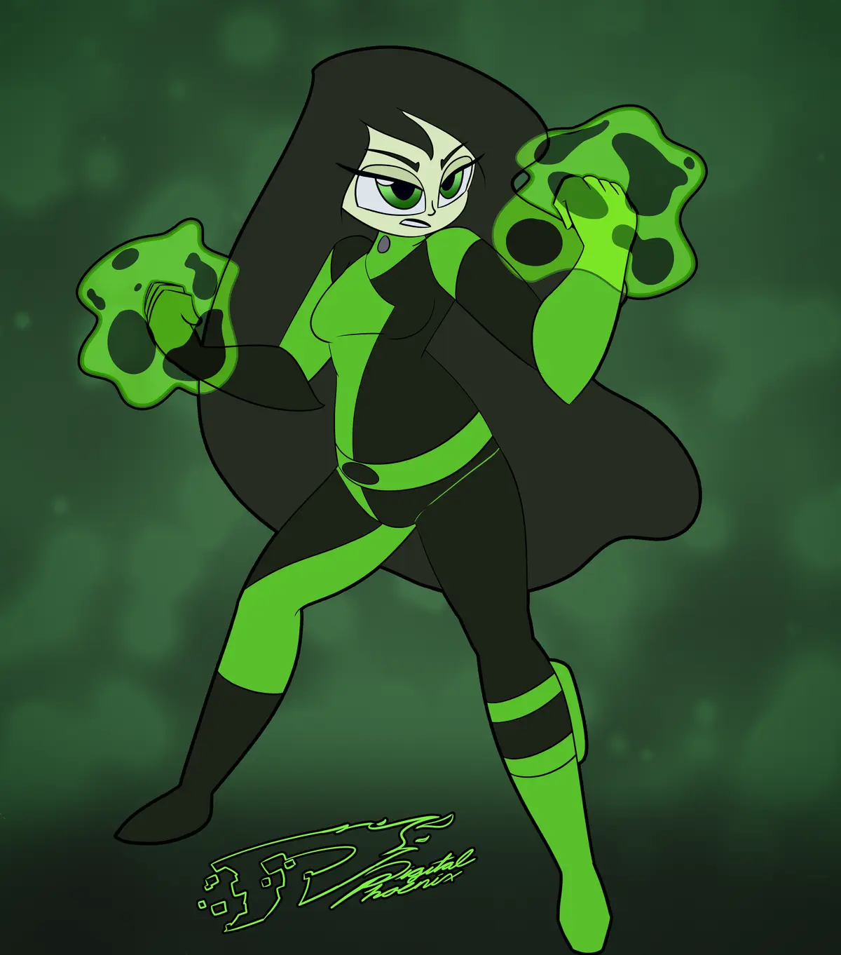 A cartoon female character with long black hair and green eyes, wearing a black and green outfit, stands in a fighting…