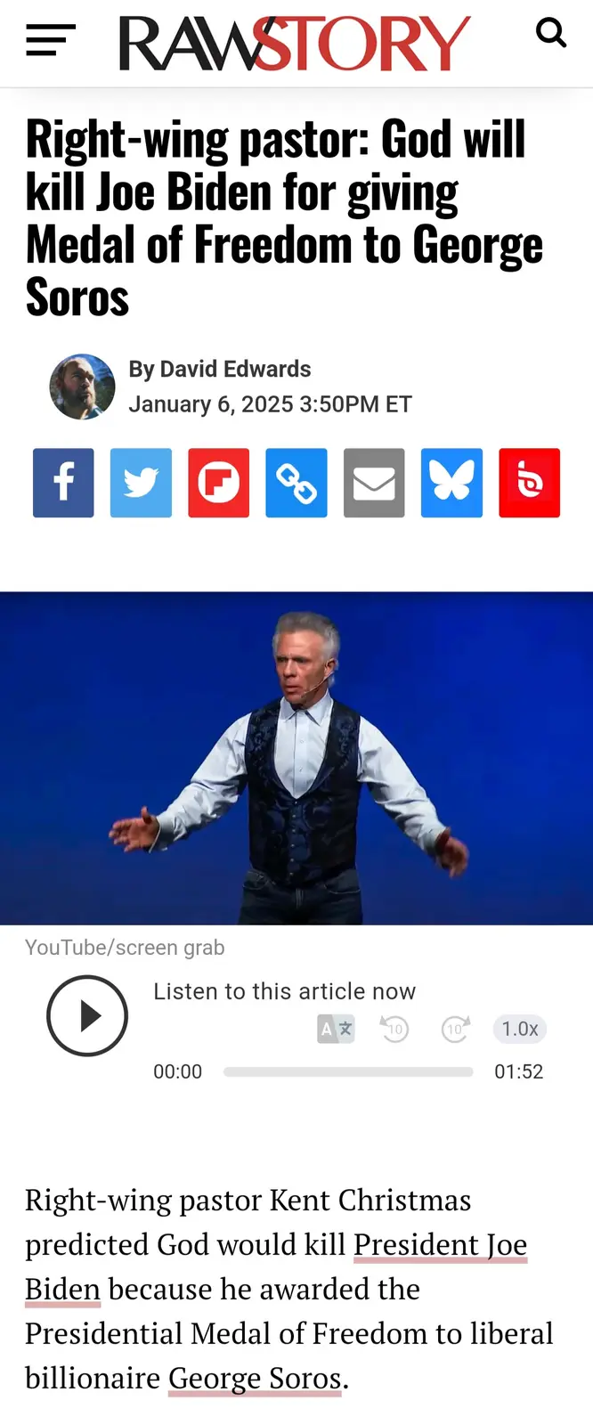 A screenshot of a RawStory article shows a headline and text about right-wing pastor Kent Christmas predicting God will kill…
