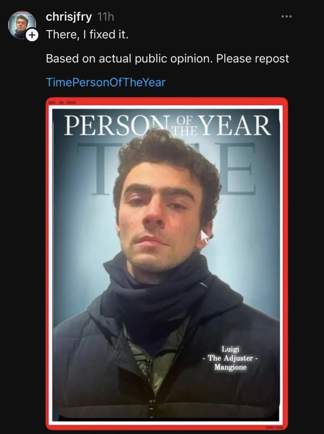 A digitally altered image mimicking Time magazine's 'Person of the Year' cover, featuring a young man in a dark jacket and…