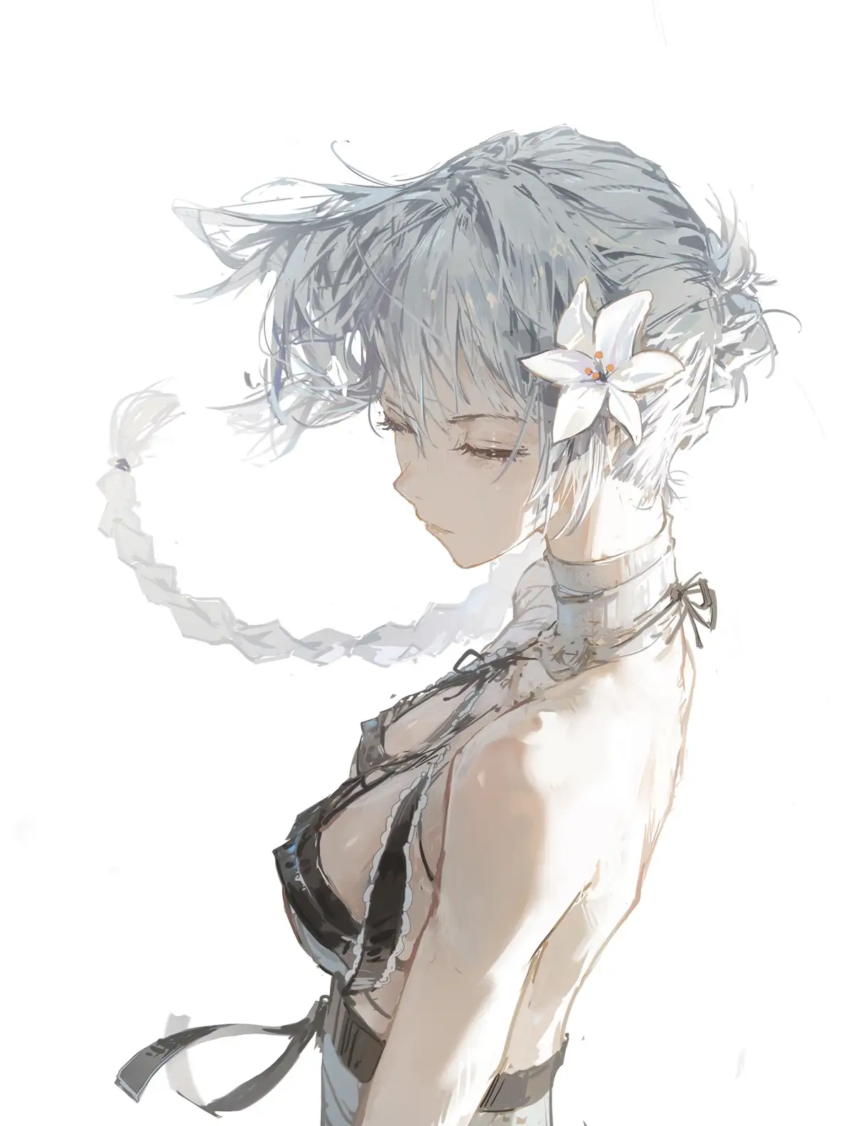 An anime-style illustration of a young woman with short, messy silver hair and a white lily flower in her hair, shown in…