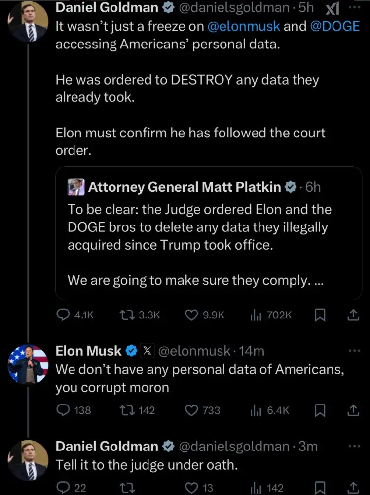 A screenshot of a Twitter thread shows Daniel Goldman accusing Elon Musk and DOGE of illegally accessing Americans' personal…