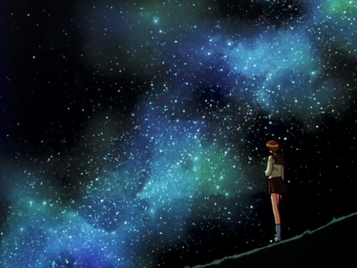 An anime girl in a school uniform stands alone on a hill, gazing up at a vast, star-filled night sky with glowing nebulae…