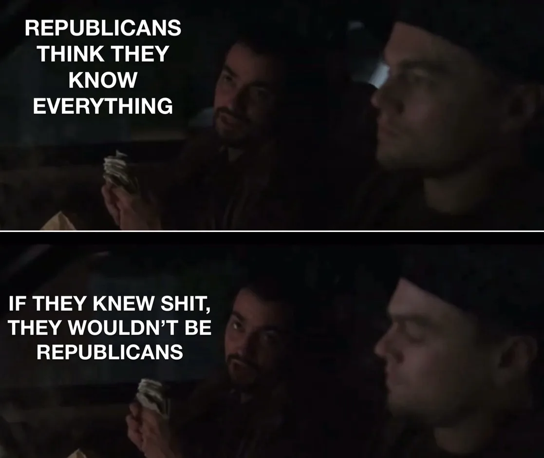 Two men are in a dimly lit car interior, one holding a sandwich. The top panel reads 'REPUBLICANS THINK THEY KNOW…