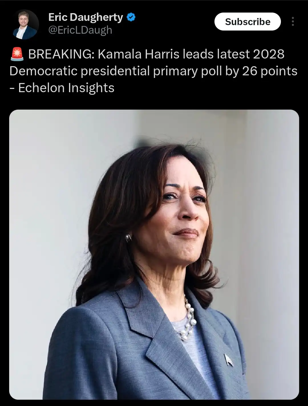 A screenshot of a social media post by Eric Daugherty showing a photo of Kamala Harris with a skeptical or unimpressed…