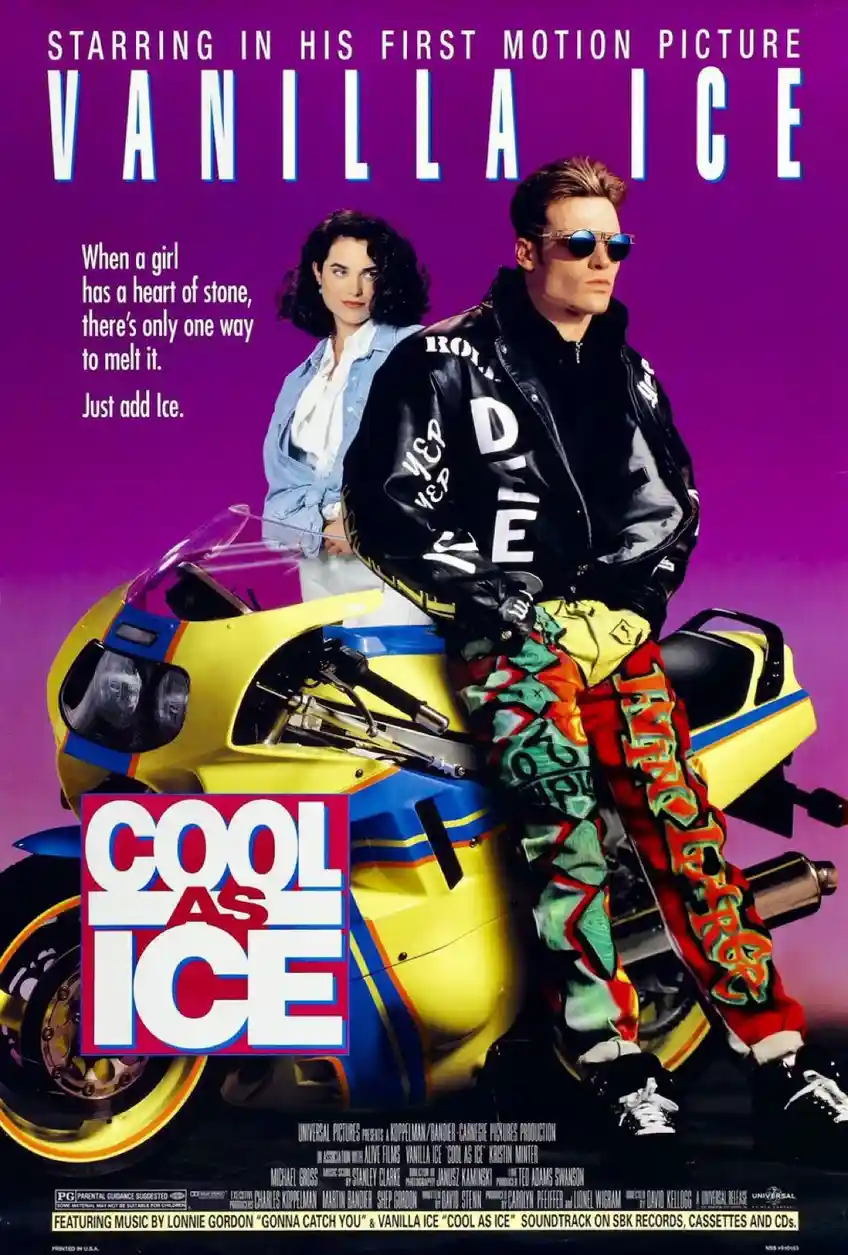 A movie poster for 'Cool As Ice' starring Vanilla Ice, who sits on a yellow motorcycle wearing a black jacket and colorful…