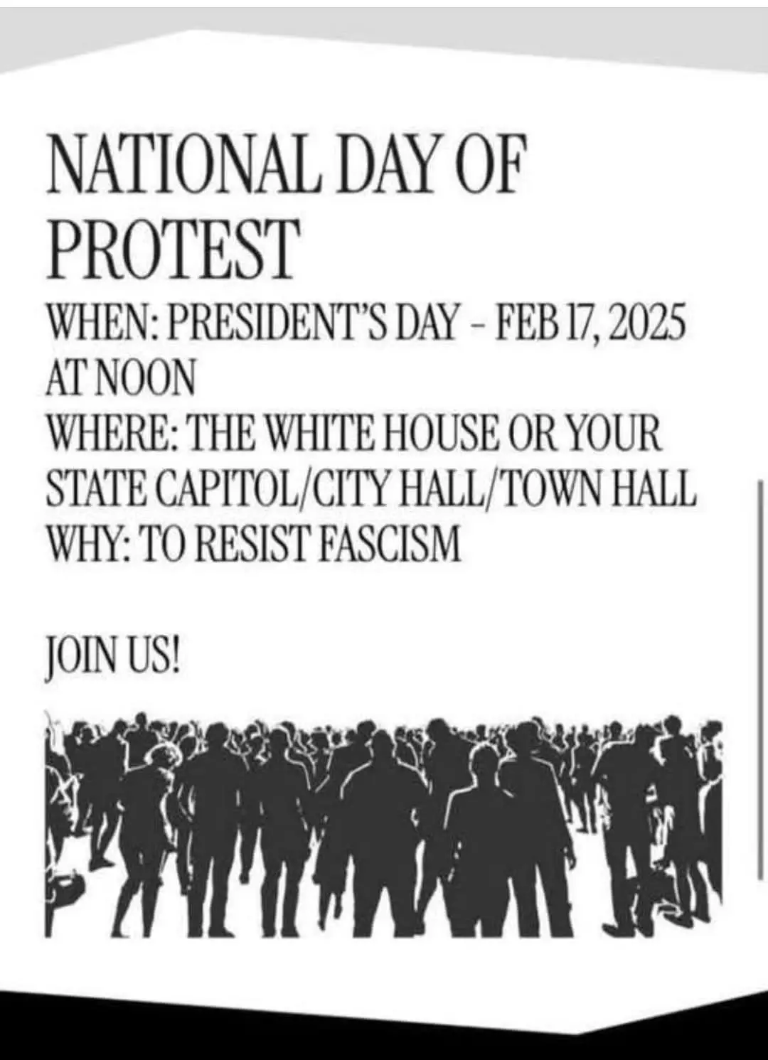 A black-and-white protest flyer template with bold text announcing a 'National Day of Protest' scheduled for President's…