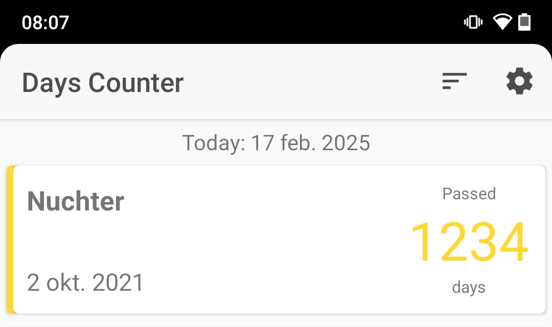 A screenshot of a 'Days Counter' app showing 'Nuchter' with 1234 days passed since October 2, 2021, on February 17, 2025…
