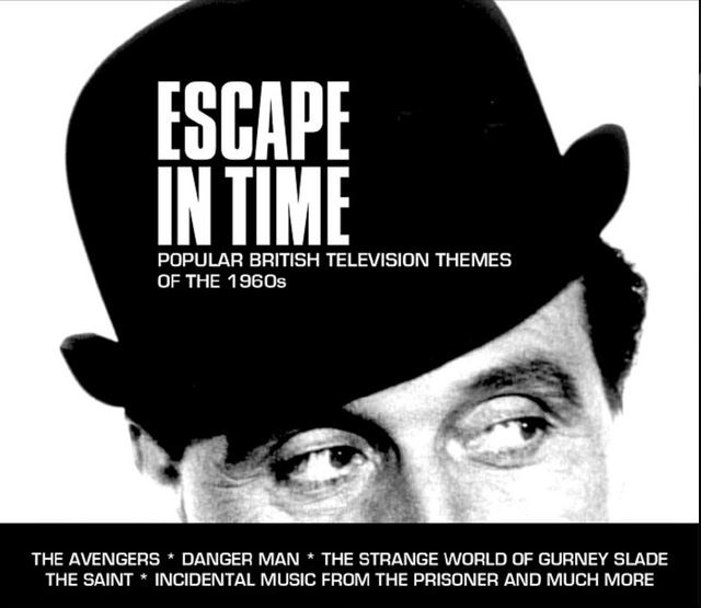 A black-and-white album cover for 'Escape in Time: Popular British Television Themes of the 1960s' featuring a close-up of a…