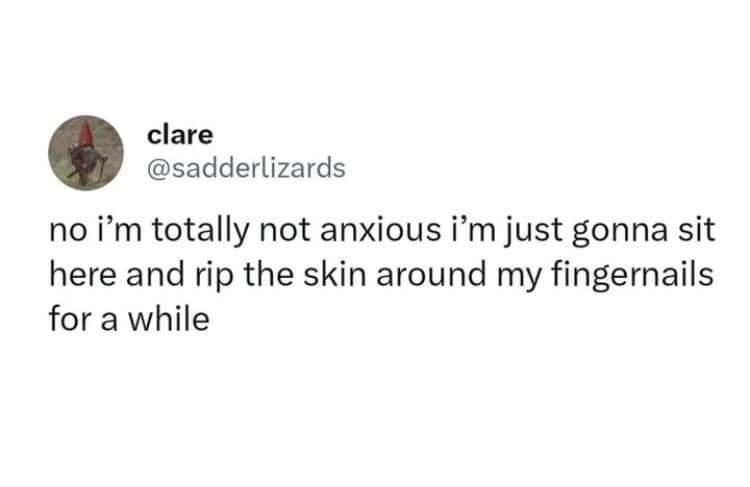 A screenshot of a tweet from user 'clare' (@sadderlizards) with a circular profile picture showing a small figure wearing a…