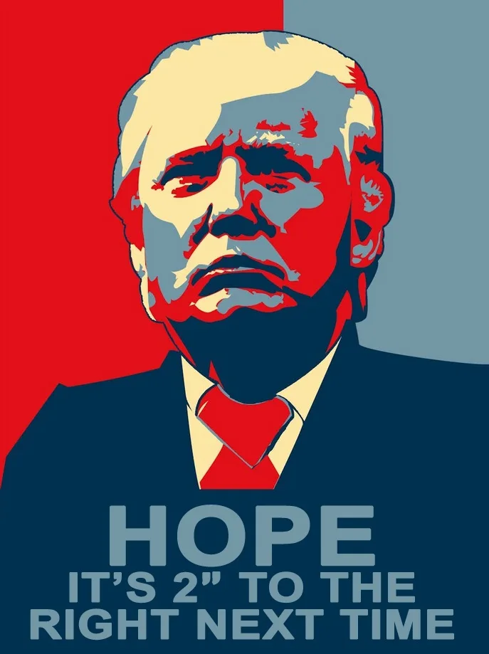 A stylized, posterized portrait of Donald Trump in red, white, and blue, resembling the 'Hope' Obama campaign poster, with…