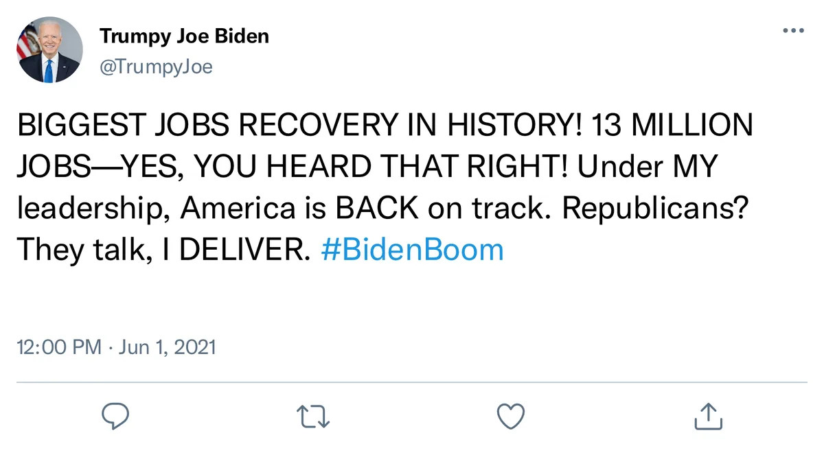 A screenshot of a Twitter post from a fake account named 'Trumpy Joe Biden' with a profile picture of Joe Biden. The tweet…