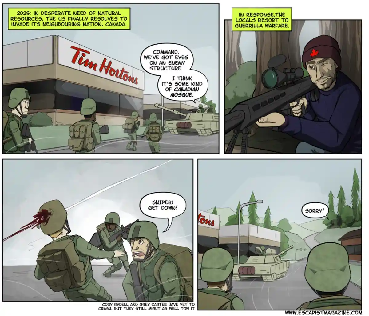 A four-panel comic strip depicts U.S. soldiers invading Canada in 2025, mistaking a Tim Hortons restaurant for a 'Canadian…