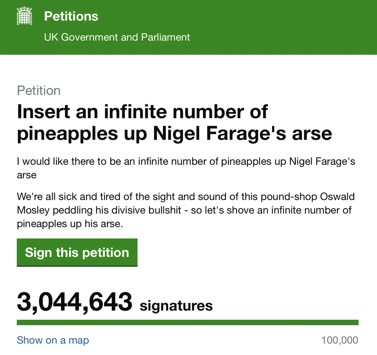 A screenshot of a UK Government Petitions page showing a petition titled 'Insert an infinite number of pineapples up Nigel…