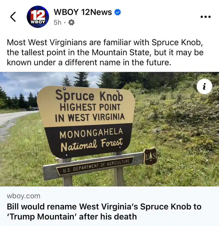 A news screenshot shows a sign for 'Spruce Knob, Highest Point in West Virginia' in a forested area. The overlaid text from…