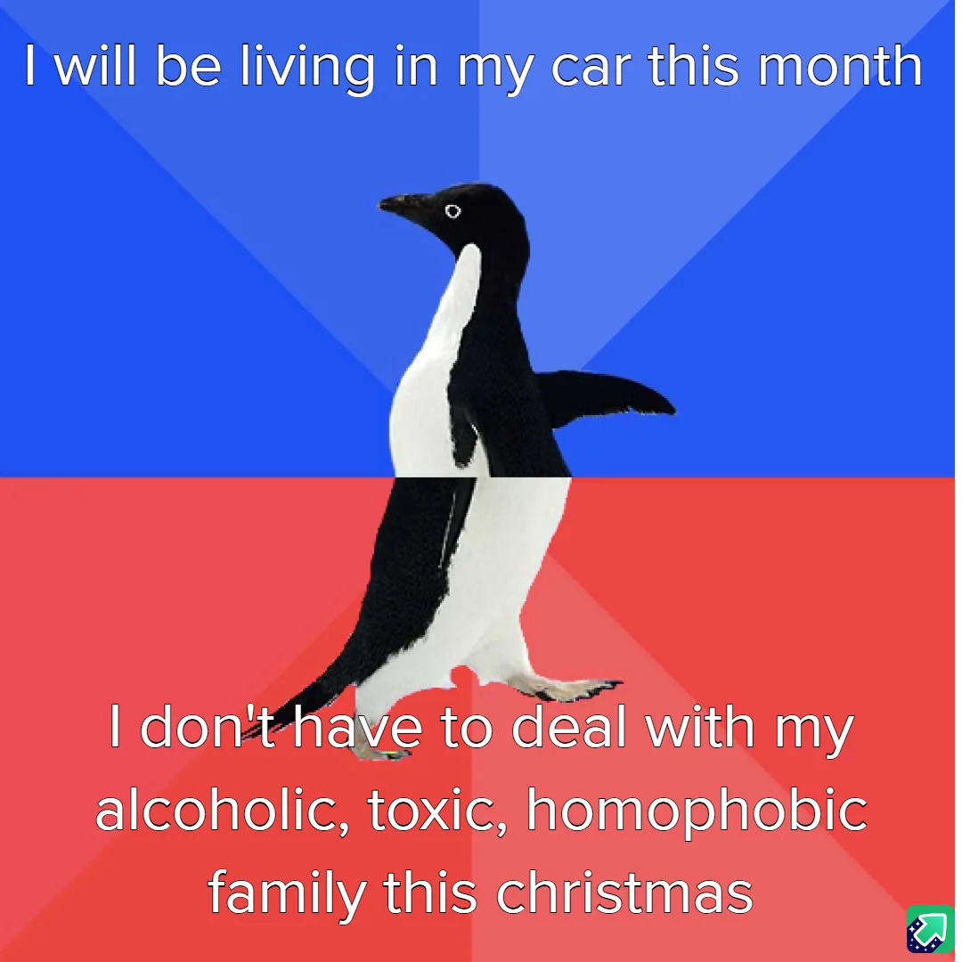 A penguin walks against a blue and red background, with text stating the person will live in their car to avoid their…