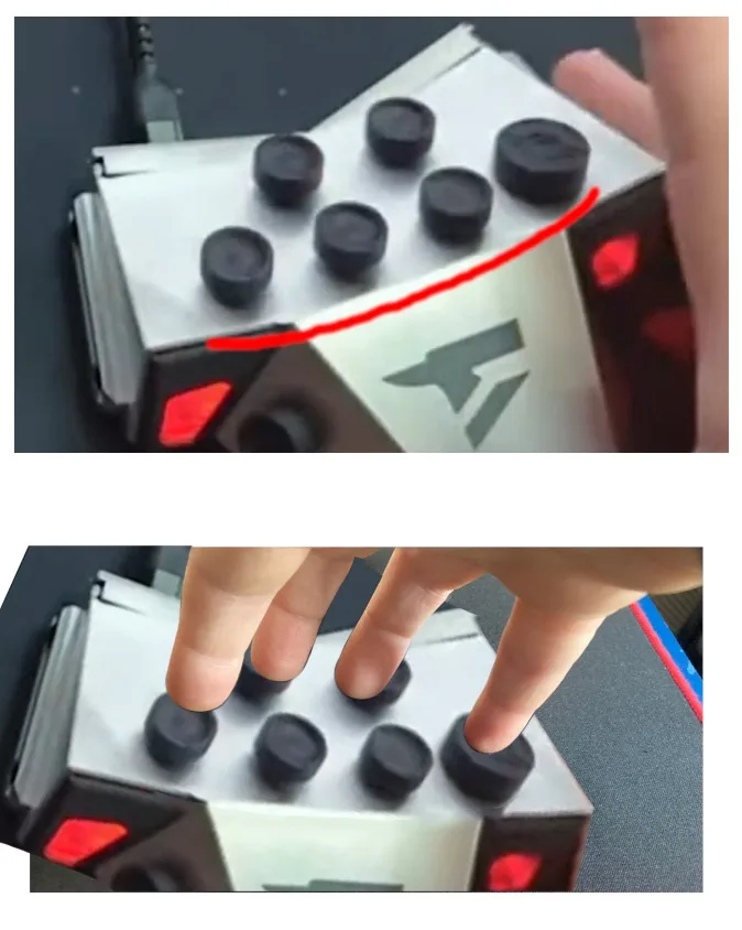 two images show a hand pressing down on the black circular studs of a white lego brick that is being used as a makeshift…