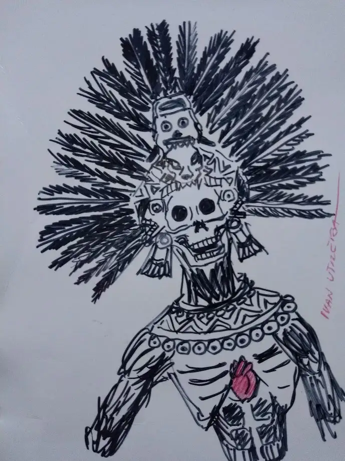 A hand-drawn black-and-white sketch depicts a stylized skeleton wearing an ornate headdress with feathers and a small skull…