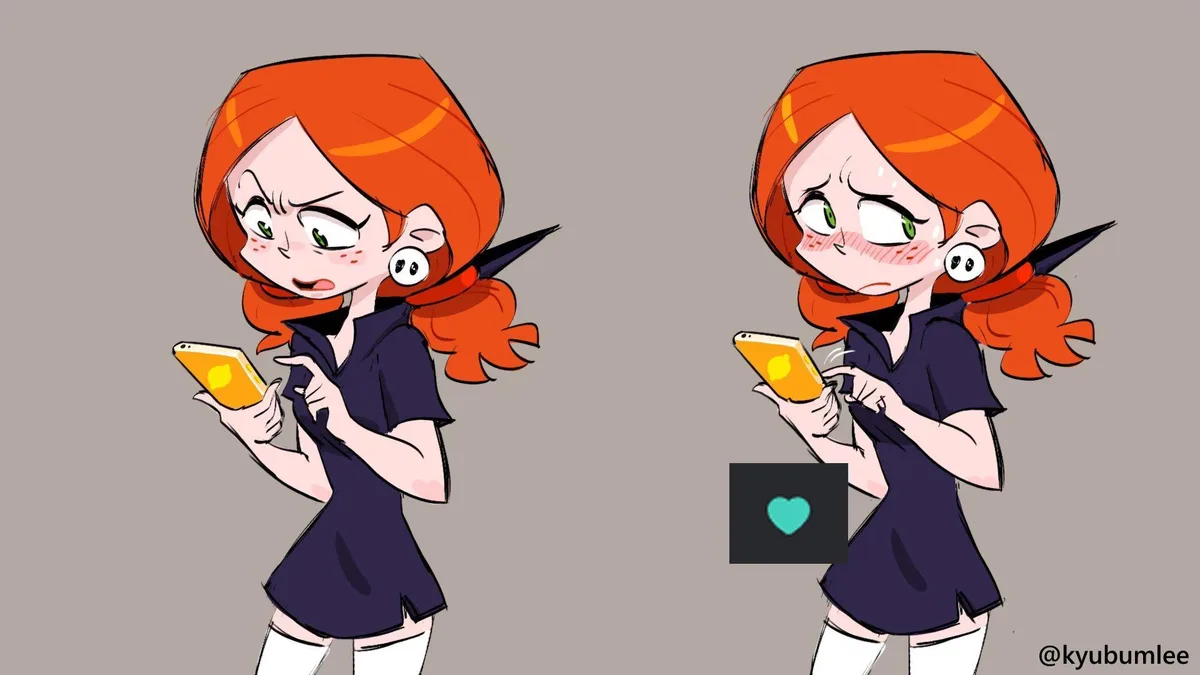 An anime-style girl with orange hair and green eyes is shown in two panels. In the left panel, she looks smug and confident…