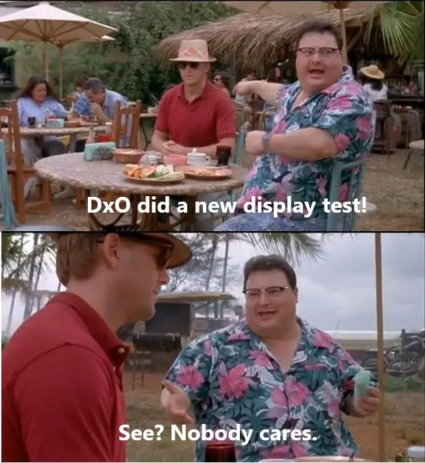 Two-panel meme from the movie 'The Hangover' showing a man in a floral shirt excitedly announcing 'DxO did a new display…