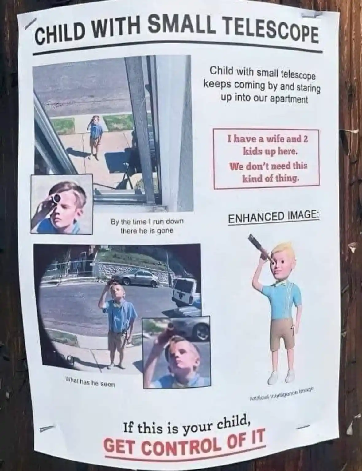 A flyer styled like a missing child alert features a young boy with a small telescope, described as repeatedly staring into…