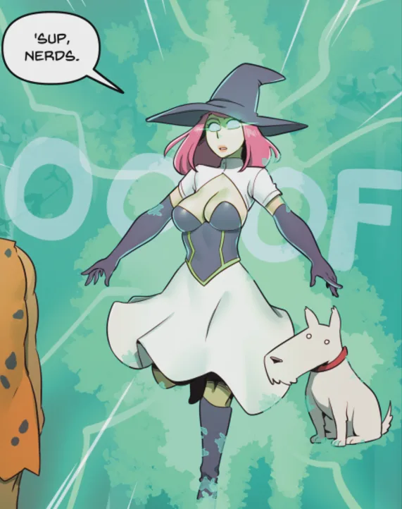 An anime-style witch with pink hair, a wide-brimmed hat, and a white dress stands with arms outstretched, accompanied by a…