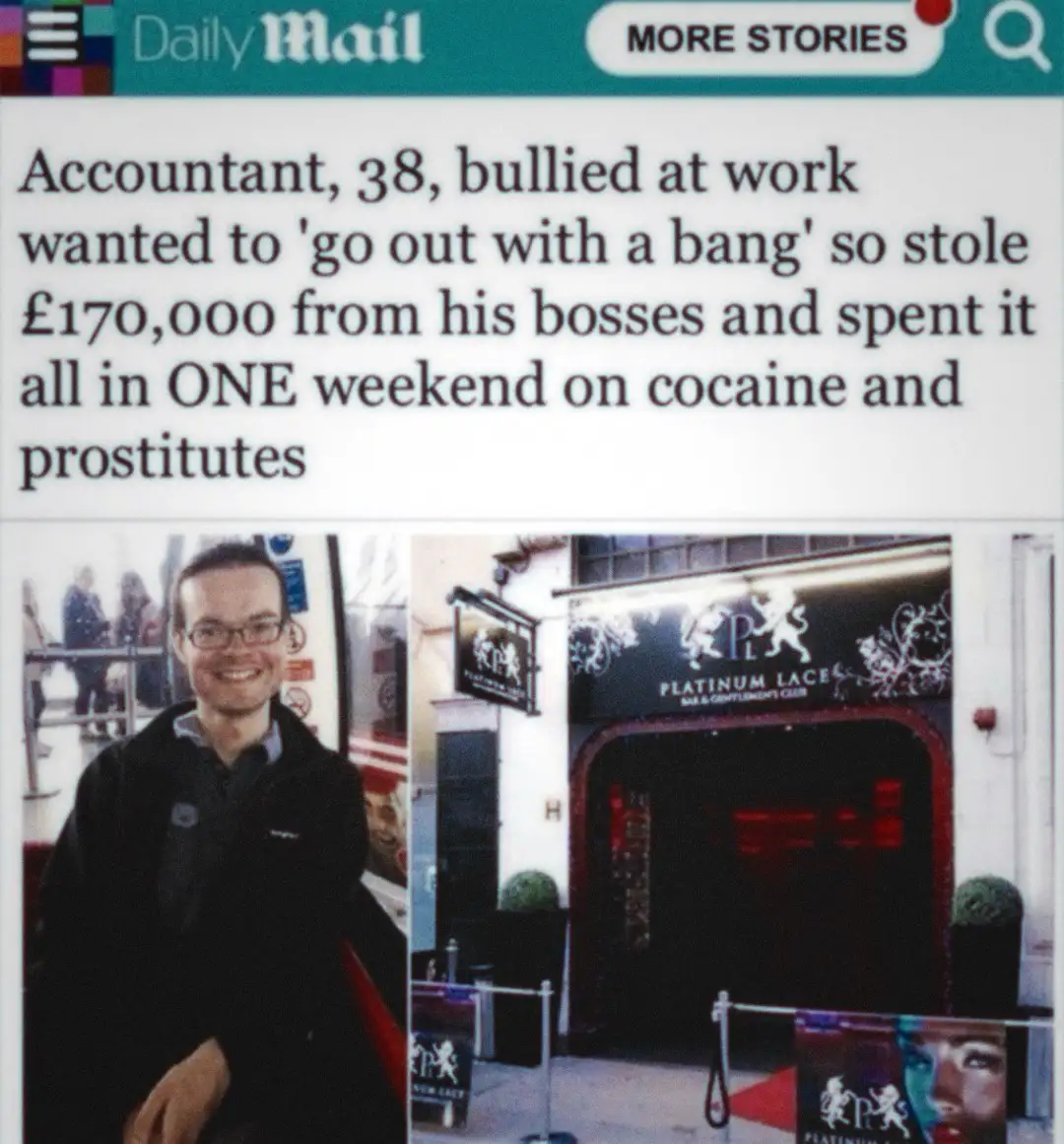 A screenshot of a Daily Mail article headline about a 38-year-old accountant who stole £170,000 to spend on cocaine and…
